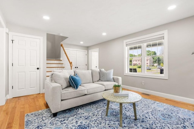 30 Oak Meadow Pl Unit 30, Bridgewater, MA 02324 - living room featuring stairs, light wood-style floors, and recessed lighting