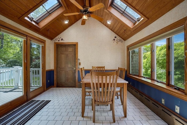 dining room with a skylight, plenty of natural light, a baseboard radiator, wood ceiling, and lofted ceiling
