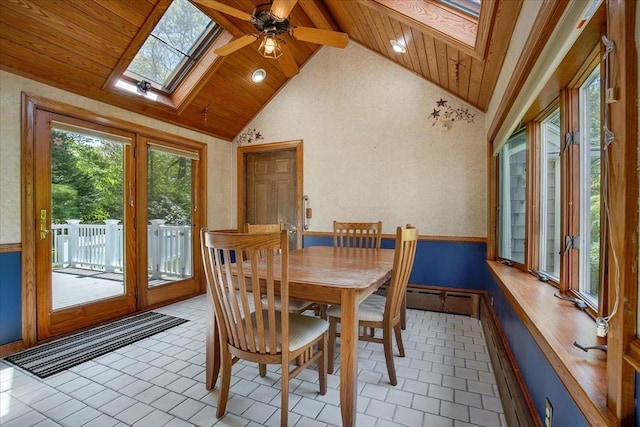 tiled dining room featuring a skylight, wainscoting, wooden ceiling, a baseboard heating unit, and a ceiling fan