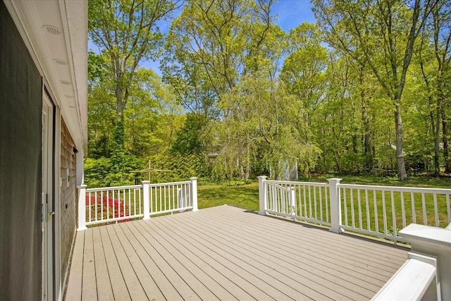 wooden deck with a lawn