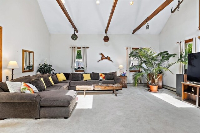 589 Depot St, Harwich, MA 02645 - living room with a baseboard radiator, beamed ceiling, high vaulted ceiling, and carpet floors
