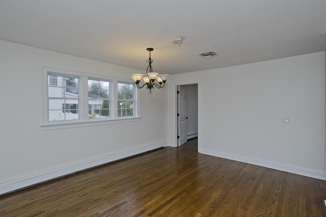 unfurnished room featuring a notable chandelier, a baseboard heating unit, dark wood-type flooring, visible vents, and baseboards