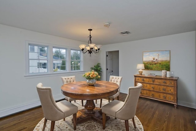 dining room featuring a chandelier, dark wood finished floors, visible vents, and baseboards