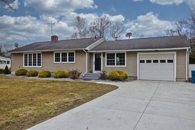 single story home with an attached garage, a chimney, a front lawn, and concrete driveway