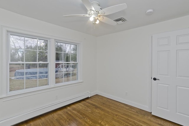 spare room with visible vents, baseboard heating, dark wood-type flooring, ceiling fan, and baseboards