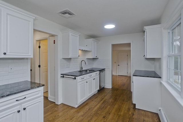 kitchen featuring dark wood-style flooring, visible vents, a baseboard heating unit, a sink, and dishwasher