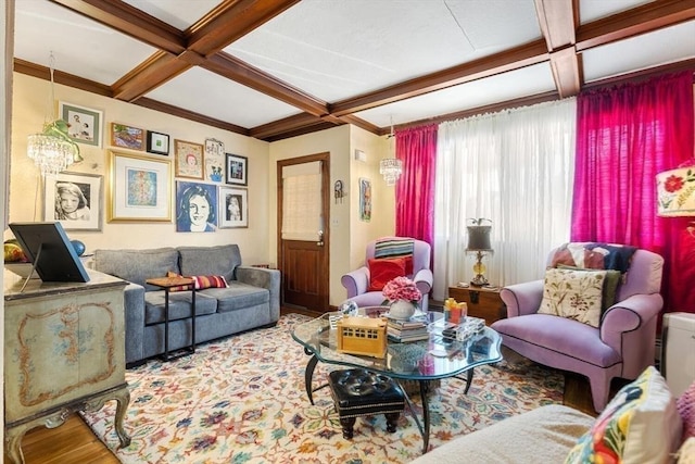 2218 Mystic Valley Pkwy, Medford, MA 02155 - living area featuring coffered ceiling, beamed ceiling, and wood finished floors
