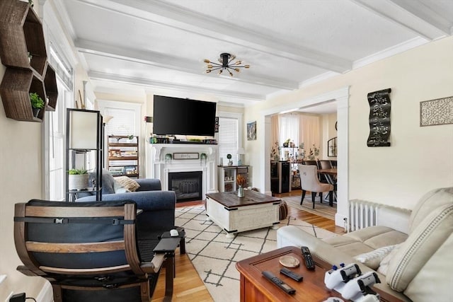 2218 Mystic Valley Pkwy, Medford, MA 02155 - living area featuring beam ceiling, light wood-type flooring, a fireplace, radiator heating unit, and ornamental molding