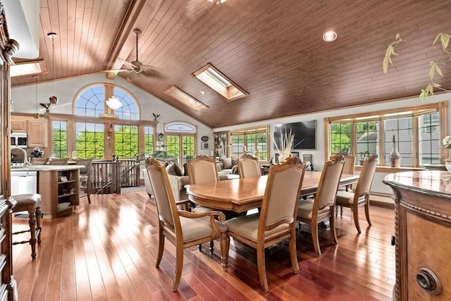 196 Plymouth Ave, Quincy, MA 02169 - dining room featuring wooden ceiling with exposed beams, light wood-type flooring, ceiling fan, high vaulted ceiling, and a skylight