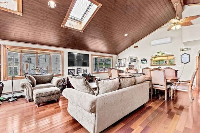 196 Plymouth Ave, Quincy, MA 02169 - living area featuring wooden ceiling, high vaulted ceiling, a wall mounted AC, a baseboard radiator, and wood finished floors