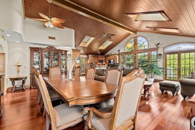 196 Plymouth Ave, Quincy, MA 02169 - dining area with a ceiling fan, high vaulted ceiling, a skylight, wood ceiling with exposed beams, and wood-type flooring