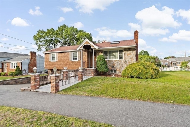 196 Plymouth Ave, Quincy, MA 02169 - single story home with a chimney, a front lawn, and stone siding