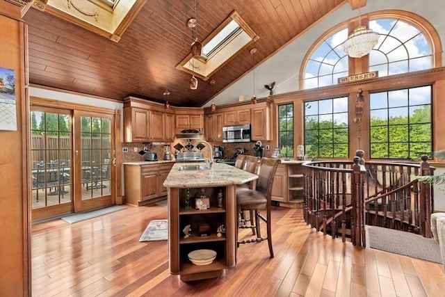 196 Plymouth Ave, Quincy, MA 02169 - kitchen featuring open shelves, a skylight, stainless steel microwave, wood ceiling, and light wood-style flooring