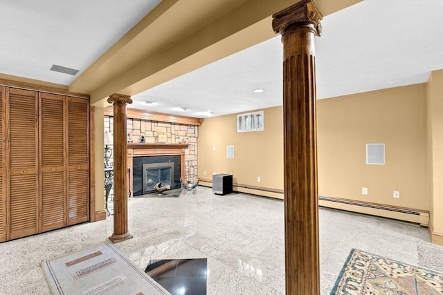 196 Plymouth Ave, Quincy, MA 02169 - unfurnished living room featuring ornate columns, a fireplace, and baseboards