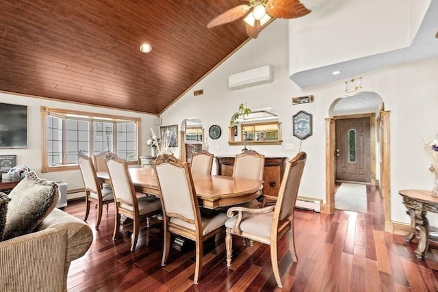 196 Plymouth Ave, Quincy, MA 02169 - dining space with wood ceiling, arched walkways, a wall mounted air conditioner, baseboard heating, and ceiling fan