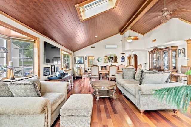196 Plymouth Ave, Quincy, MA 02169 - living area featuring ceiling fan, wood ceiling with exposed beams, hardwood / wood-style flooring, high vaulted ceiling, and an AC wall unit