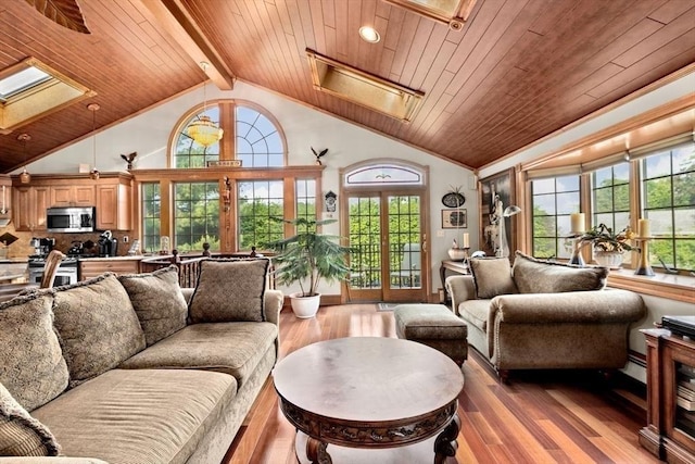 196 Plymouth Ave, Quincy, MA 02169 - living area with wooden ceiling with exposed beams, wood finished floors, healthy amount of natural light, a skylight, and baseboard heating