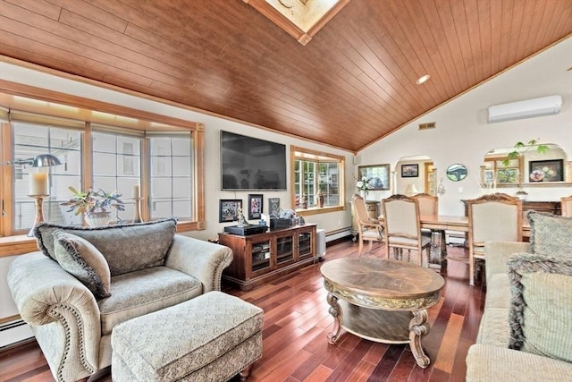 196 Plymouth Ave, Quincy, MA 02169 - living room featuring wooden ceiling, an AC wall unit, lofted ceiling, arched walkways, and wood finished floors