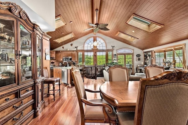 196 Plymouth Ave, Quincy, MA 02169 - dining space with a skylight, wooden ceiling, ceiling fan, light wood-style flooring, and high vaulted ceiling