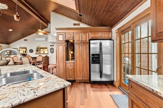 196 Plymouth Ave, Quincy, MA 02169 - kitchen featuring stainless steel fridge with ice dispenser, a sink, wood ceiling, a ceiling fan, and hardwood / wood-style floors