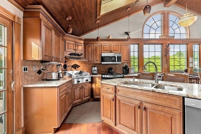 196 Plymouth Ave, Quincy, MA 02169 - kitchen with stainless steel appliances, a sink, light wood-style flooring, plenty of natural light, and wood ceiling