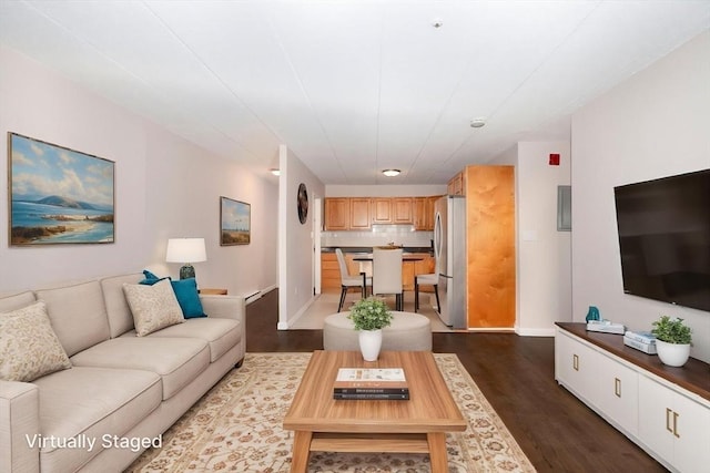 living area featuring baseboards and dark wood-type flooring