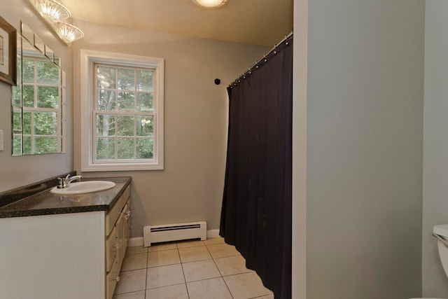 bathroom featuring a shower with shower curtain, baseboard heating, tile patterned floors, vanity, and toilet