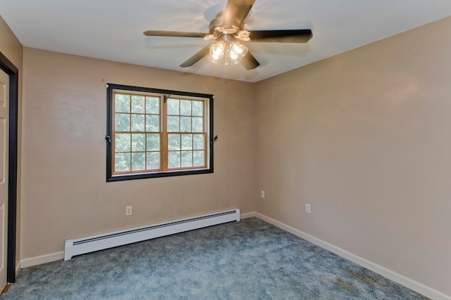 carpeted empty room featuring ceiling fan and a baseboard radiator