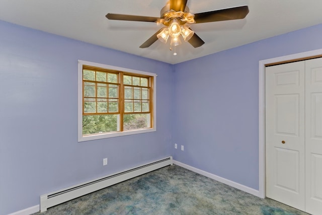 unfurnished bedroom with ceiling fan, light colored carpet, a closet, and a baseboard heating unit