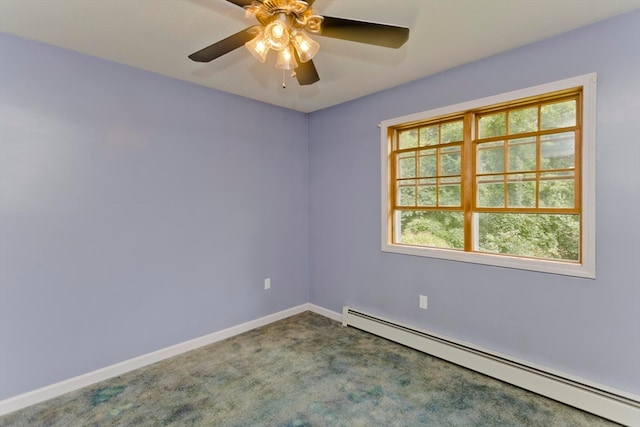 unfurnished room featuring ceiling fan, carpet flooring, and a baseboard heating unit