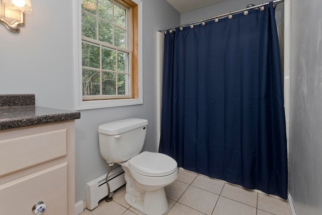 bathroom with vanity, a baseboard heating unit, tile patterned floors, a shower with curtain, and toilet