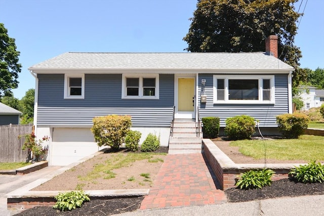 19 Woodcliff Rd, Holbrook, MA 02343 - view of front of home with a chimney, a garage, and roof with shingles