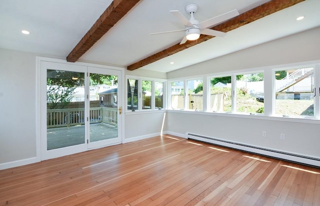 19 Woodcliff Rd, Holbrook, MA 02343 - unfurnished sunroom featuring wood-type flooring, baseboard heating, a wooden deck, baseboards, and recessed lighting