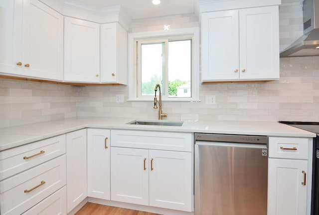 19 Woodcliff Rd, Holbrook, MA 02343 - kitchen with stainless steel dishwasher, a sink, wall chimney exhaust hood, white cabinets, and decorative backsplash