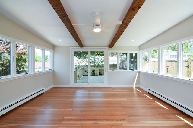 19 Woodcliff Rd, Holbrook, MA 02343 - unfurnished sunroom with a baseboard heating unit, healthy amount of natural light, wood-type flooring, and beam ceiling