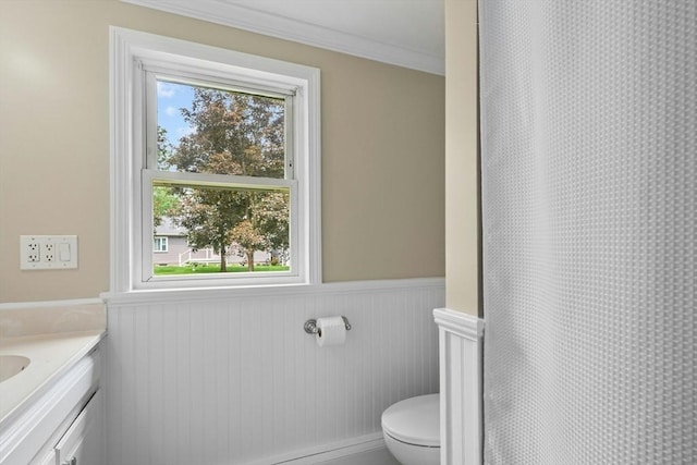 31 Granite St, Walpole, MA 02081 - bathroom with a wainscoted wall, vanity, crown molding, and a shower with shower curtain
