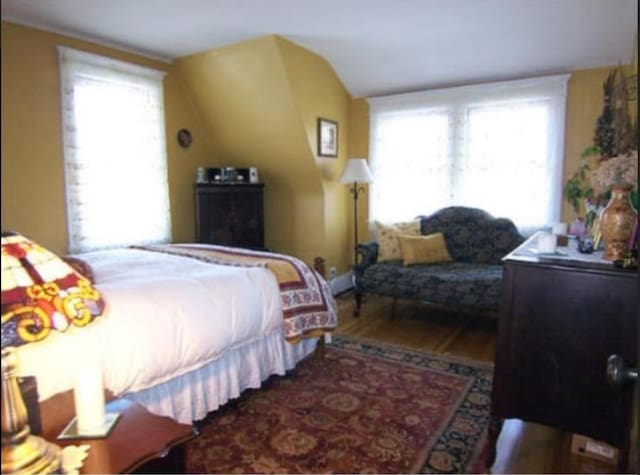 bedroom featuring wood-type flooring and vaulted ceiling