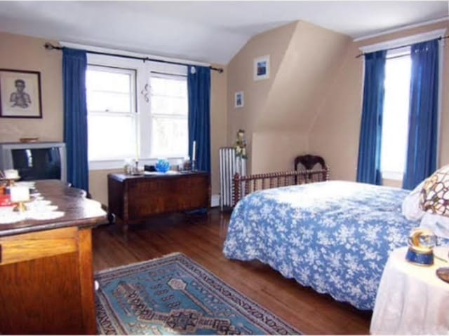 bedroom featuring multiple windows, lofted ceiling, radiator, and dark wood-type flooring