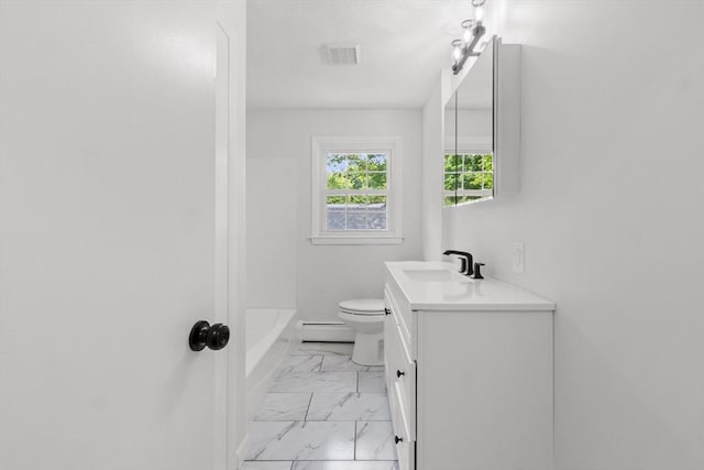 6 Walter St, Norton, MA 02766 - full bath with baseboard heating, marble look tile flooring, vanity, toilet, and shower / washtub combination