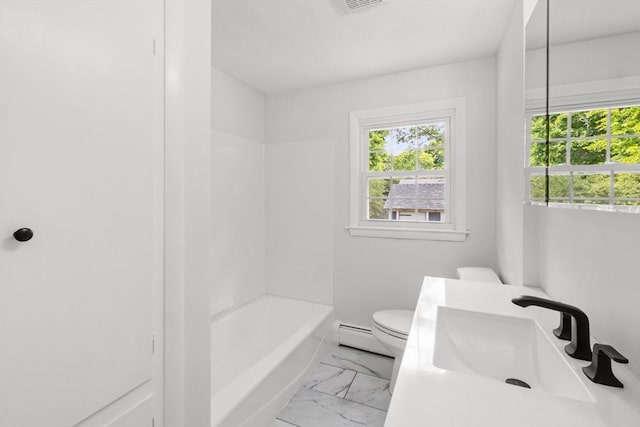 6 Walter St, Norton, MA 02766 - full bath featuring a baseboard radiator, marble look tile flooring, toilet, bathtub / shower combination, and vanity