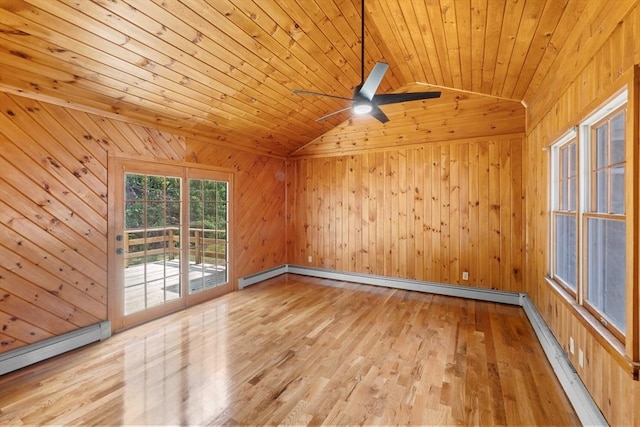 6 Walter St, Norton, MA 02766 - empty room with vaulted ceiling, a baseboard heating unit, wood ceiling, wooden walls, and a ceiling fan