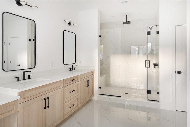 230 Auburn St Unit 230, Newton, MA 02466 - bathroom with a marble finish shower, double vanity, and marble tiled flooring