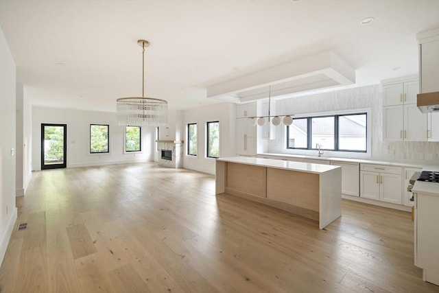 230 Auburn St Unit 230, Newton, MA 02466 - kitchen with light wood-style floors, a sink, open floor plan, a center island, and a chandelier
