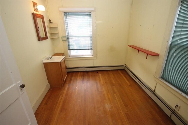 57 Edgewater Rd-, Waterfront, Hull, MA 02045 - unfurnished bedroom with baseboard heating, wood finished floors, and a sink