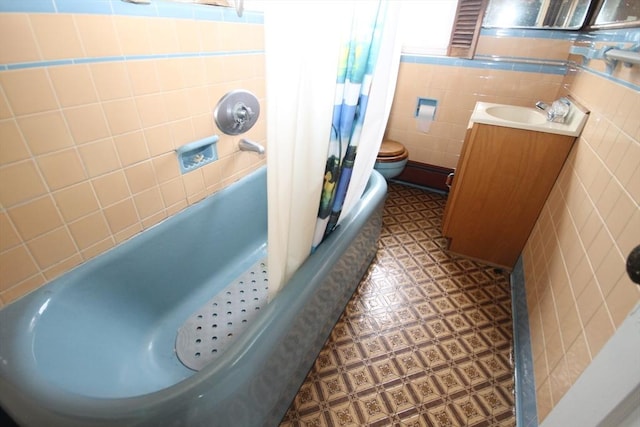 57 Edgewater Rd-, Waterfront, Hull, MA 02045 - full bathroom with tile walls, tile patterned floors, shower / bath combination with curtain, and vanity