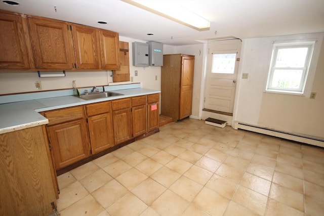 57 Edgewater Rd-, Waterfront, Hull, MA 02045 - kitchen with a sink, electric panel, brown cabinetry, light countertops, and a baseboard heating unit