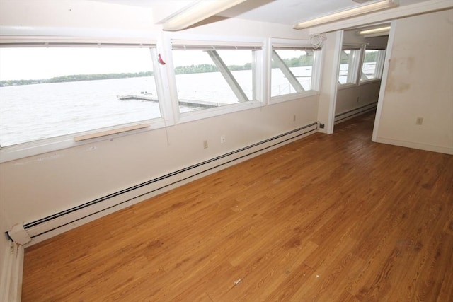 57 Edgewater Rd-, Waterfront, Hull, MA 02045 - unfurnished room with a water view, wood finished floors, and baseboard heating