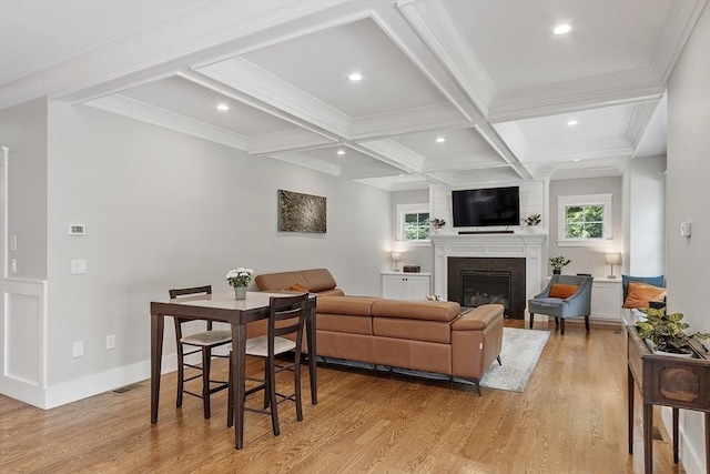 306 Laws Brook Rd, Concord, MA 01742 - living room with light wood-type flooring, beamed ceiling, a fireplace, coffered ceiling, and recessed lighting