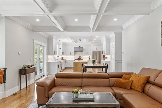 306 Laws Brook Rd, Concord, MA 01742 - living area with coffered ceiling, recessed lighting, beam ceiling, light wood-style floors, and crown molding