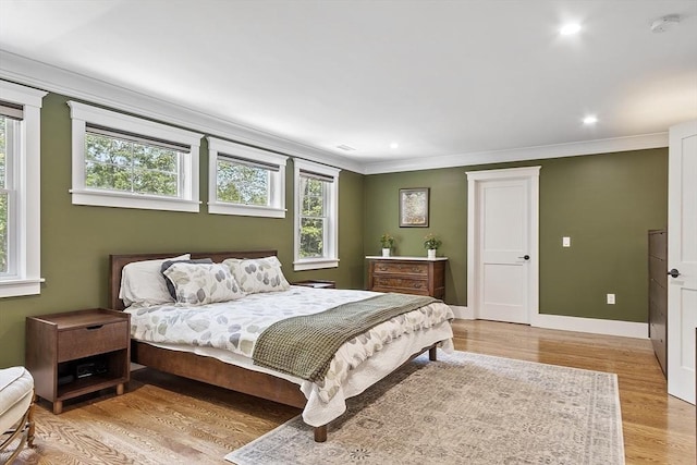 306 Laws Brook Rd, Concord, MA 01742 - bedroom featuring ornamental molding, light wood-type flooring, recessed lighting, and baseboards